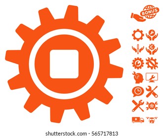Cog icon with bonus setup tools icon set. Vector illustration style is flat iconic orange symbols on white background.