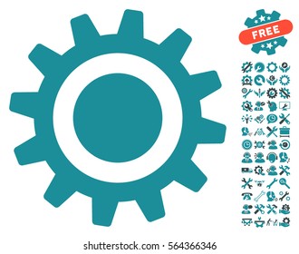 Cog icon with bonus tools pictures. Vector illustration style is flat iconic soft blue symbols on white background.