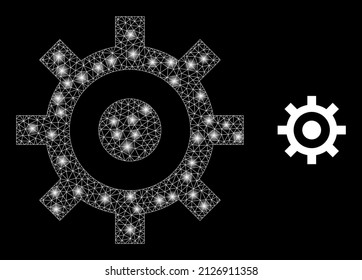 Cog icon and bright mesh cog model with majestic spots. Illuminated model is generated using cog vector icon and triangle mesh. Illuminated frame cog, on a black background.