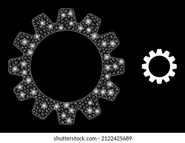 Cog icon and constellation mesh cog model with majestic light spots. Illuminated constellation created from cog vector icon and triangulated mesh. Constellation frame cog, on a black background.