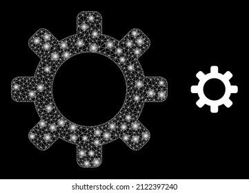 Cog icon and constellation net mesh cog model with glowing spots. Illuminated model is done using cog vector icon and triangle mesh. Glowing carcass cog, on a black background.