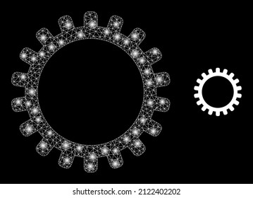 Icono de cog y modelo de cog de malla de red de constelación con manchas luminosas brillantes. Modelo iluminado creado a partir del icono del vector de la cog y la malla triangulada. Cog de canal iluminado, sobre un fondo negro.