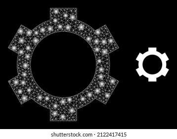 Cog icon and constellation net mesh cog structure with glossy spots. Illuminated constellation created using cog vector icon and triangle mesh. Constellation frame cog, on a black background.