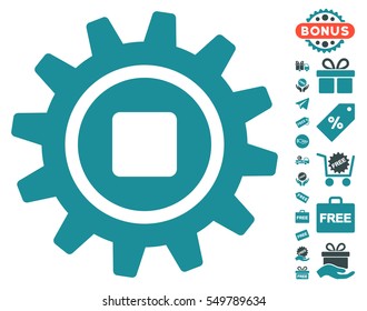 Cog icon with free bonus design elements. Vector illustration style is flat iconic symbols, soft blue colors, white background.