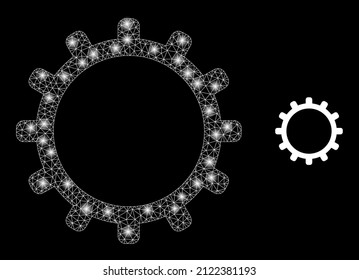 Cog icon and glowing mesh cog model with glowing light spots. Illuminated constellation is created from cog vector icon and polygonal mesh. Constellation frame cog, on a black background.