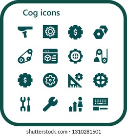 cog icon set. 16 filled cog icons.  Simple modern icons about  - Saddle, Settings, Gear, Timing belt, Pulley, Development, Configuration