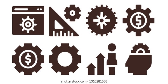 cog icon set. 8 filled cog icons.  Collection Of - Settings, Development, Gear, Setting