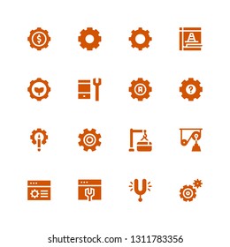 cog icon set. Collection of 16 filled cog icons included Settings, Tuning, Pulley, Maintenance, Setting, Configuration, Cogwheel