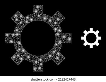 Cog icon and shiny mesh net cog model with flare light spots. Illuminated model is done using cog vector icon and triangle mesh. Glowing carcass cog, on a black background.