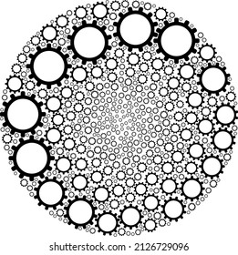 Cog-Symbole werden in eine globale Kollektion zusammengestellt. Cog-Symbol-Luftblase Collage. Abstraktion sphärische Luftblase Collage aus cog Gegenständen gemacht.