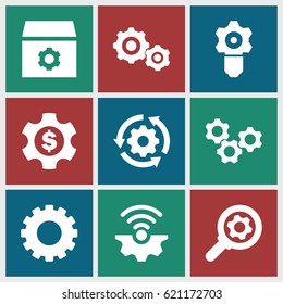 Cog icons set. set of 9 cog filled icons such as gear