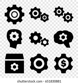 Cog icons set. set of 9 cog filled icons such as gear in head