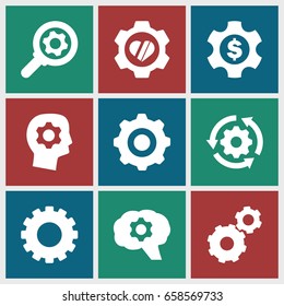 Cog icons set. set of 9 cog filled icons such as gear