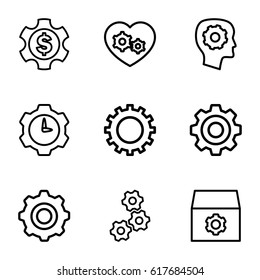 Cog icons set. set of 9 cog outline icons such as gear