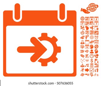 Cog Integration Calendar Day icon with bonus calendar and time management images. Vector illustration style is flat iconic symbols, orange, white background.