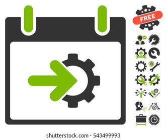 Cog Integration Calendar Day icon with bonus tools symbols. Vector illustration style is flat iconic symbols, eco green and gray, white background.