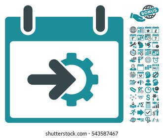 Cog Integration Calendar Day icon with bonus calendar and time management icon set. Vector illustration style is flat iconic symbols, soft blue, white background.