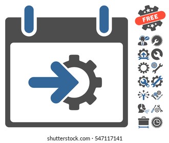Cog Integration Calendar Day icon with bonus tools pictograms. Vector illustration style is flat iconic symbols, cobalt and gray, white background.