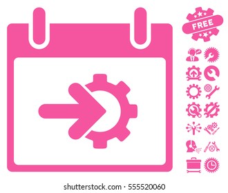 Cog Integration Calendar Day icon with bonus service images. Vector illustration style is flat iconic symbols, pink, white background.