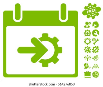 Cog Integration Calendar Day pictograph with bonus setup tools symbols. Vector illustration style is flat iconic symbols, eco green, white background.