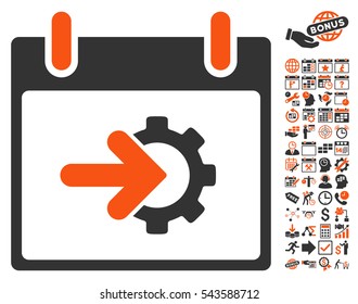 Cog Integration Calendar Day pictograph with bonus calendar and time management clip art. Vector illustration style is flat iconic symbols, orange and gray, white background.