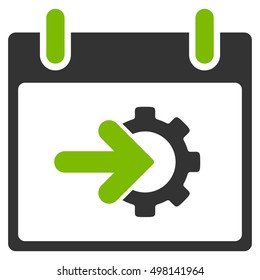Cog Integration Calendar Day vector pictogram. Style is flat graphic bicolor symbol, eco green and gray colors, white background.