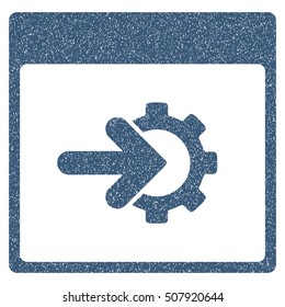 Cog Integration Calendar Page grainy textured icon for overlay watermark stamps. Flat symbol with dust texture. Dotted vector blue ink rubber seal stamp with grunge design on a white background.