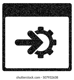 Cog Integration Calendar Page grainy textured icon for overlay watermark stamps. Flat symbol with dust texture. Dotted vector black ink rubber seal stamp with grunge design on a white background.