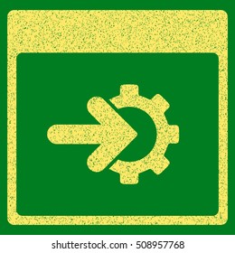 Cog Integration Calendar Page grainy textured icon for overlay watermark stamps. Flat symbol with dirty texture. Dotted vector yellow ink rubber seal stamp with grunge design on a green background.