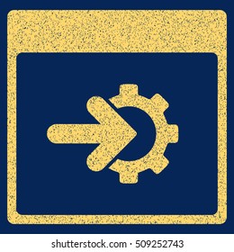 Cog Integration Calendar Page grainy textured icon for overlay watermark stamps. Flat symbol with scratched texture. Dotted vector yellow ink rubber seal stamp with grunge design on a blue background.