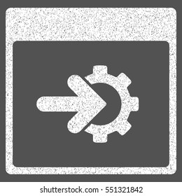 Cog Integration Calendar Page grainy textured icon for overlay watermark stamps. Flat symbol with unclean texture. Dotted vector white ink rubber seal stamp with grunge design on a gray background.