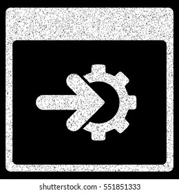 Cog Integration Calendar Page grainy textured icon for overlay watermark stamps. Flat symbol with scratched texture. Dotted vector white ink rubber seal stamp with grunge design on a black background.