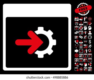 Cog Integration Calendar Page icon with bonus calendar and time management pictograms. Vector illustration style is flat iconic symbols, red and white, black background.