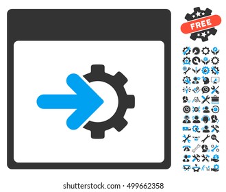Cog Integration Calendar Page icon with bonus service design elements. Vector illustration style is flat iconic symbols, blue and gray, white background.