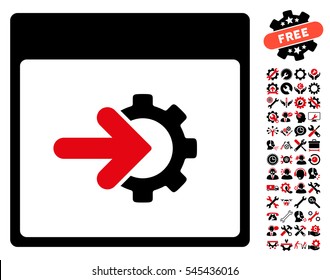 Cog Integration Calendar Page icon with bonus service pictures. Vector illustration style is flat iconic symbols, intensive red and black, white background.