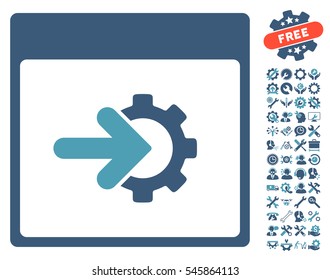 Cog Integration Calendar Page icon with bonus configuration design elements. Vector illustration style is flat iconic symbols, cyan and blue, white background.