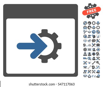 Cog Integration Calendar Page icon with bonus service graphic icons. Vector illustration style is flat iconic symbols, cobalt and gray, white background.