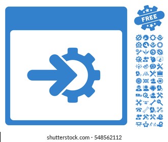 Cog Integration Calendar Page icon with bonus options pictograms. Vector illustration style is flat iconic symbols, cobalt, white background.
