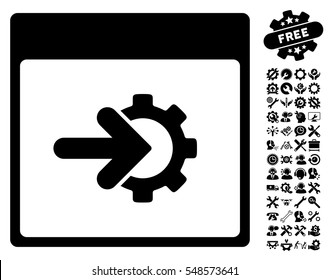 Cog Integration Calendar Page icon with bonus tools design elements. Vector illustration style is flat iconic symbols, black, white background.
