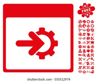 Cog Integration Calendar Page icon with bonus settings design elements. Vector illustration style is flat iconic symbols, red, white background.