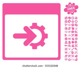 Cog Integration Calendar Page icon with bonus tools pictograms. Vector illustration style is flat iconic symbols, pink, white background.