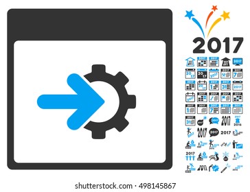 Cog Integration Calendar Page pictograph with bonus calendar and time management pictograph collection. Vector illustration style is flat iconic symbols, blue and gray colors, white background.