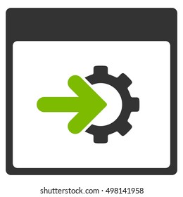 Cog Integration Calendar Page vector pictogram. Style is flat graphic bicolor symbol, eco green and gray colors, white background.