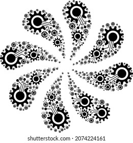 Icono de interfaz de cog composición de fuegos artificiales de turbina de movimiento centrífuga. Explosión centrífuga de rotación compuesta por iconos dispersos de la interfaz de cog.
