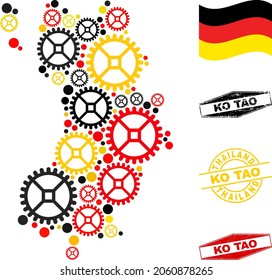Cog Ko Tao map collage and seals. Vector collage is formed with mechanics elements in different sizes, and German flag official colors - red, yellow, black.