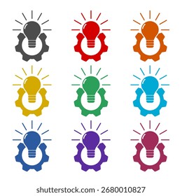 Rädchen-Glühbirnen-Symbol einzeln auf weißem Hintergrund. Symbole bunt einstellen