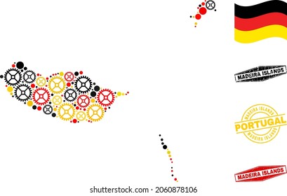 Cog Madeira Islands map collage and seals. Vector collage is composed with service elements in variable sizes, and German flag official colors - red, yellow, black.