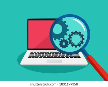 cog in a magnifying glass and a laptop. Concept of computer processing