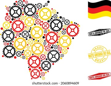 Cog Mato Grosso do Sul State collage y sellos. Se crea un collage vectorial de iconos de servicio de diferentes tamaños, y los colores oficiales de la bandera alemana - rojo, amarillo, negro.