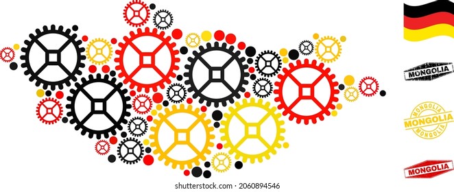 Cog Mongolia map mosaic and stamps. Vector collage is designed of cog elements in different sizes, and German flag official colors - red, yellow, black.